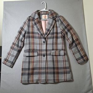 Gianni Bini  Plaid Longline Car Coat Jacket M Gray Pink Tan Flap Pocket Academia
